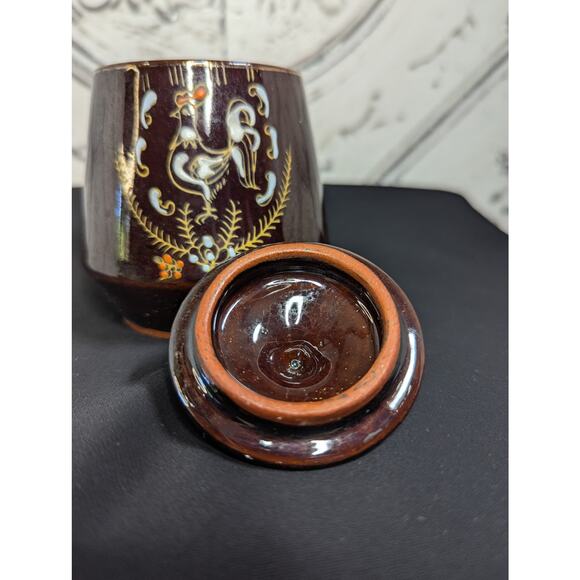 Vintage Moriage Redware Sugar Bowl w/ Handpainted Rooster Motif, MCM, Pre-Owned - Picture 4 of 7